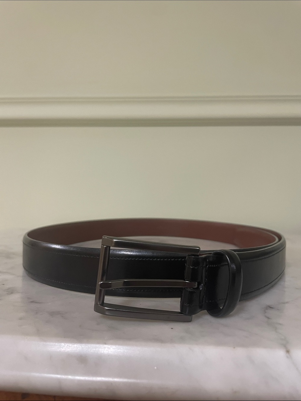 Perry Ellis Black Leather Belt with Gunmetal Buckle - Size 42